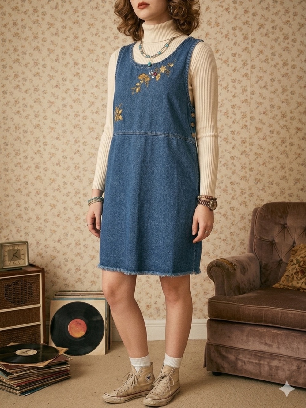 Classic Elements Blue Denim Embroidered Sleeveless Dress
